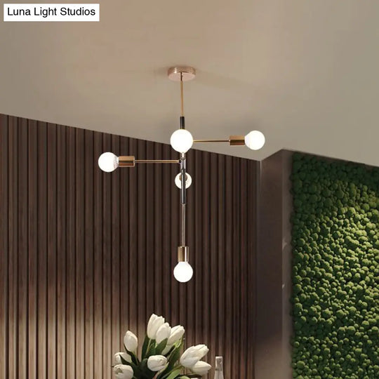 Modern 5-Light Rectilinear Metal Chandelier: White/Black Bare Bulb Hanging Ceiling Light For Dining