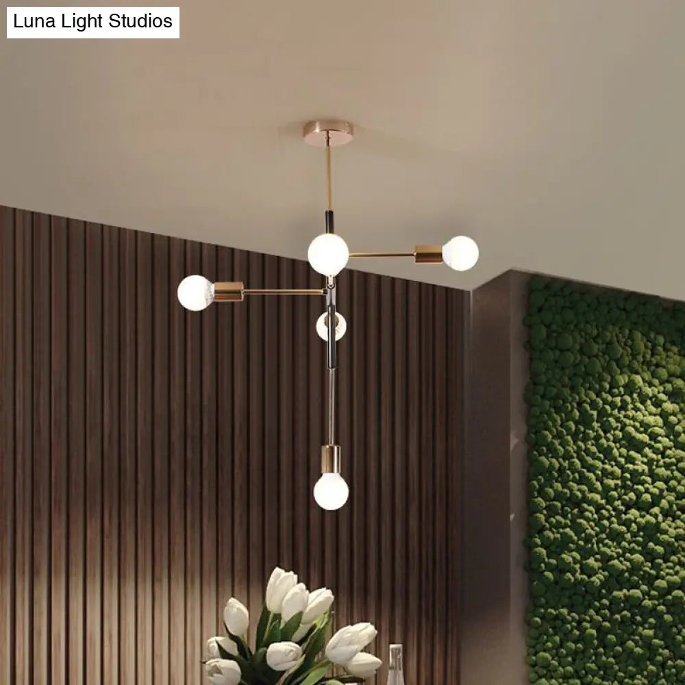 Rectilinear Metal Chandelier - Modern 5-Light White/Black Hanging Ceiling Light With Bare Bulb For