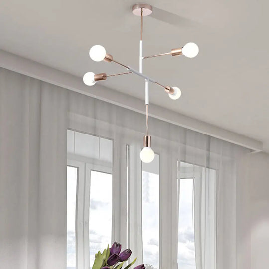 Modern 5-Light Rectilinear Metal Chandelier: White/Black Bare Bulb Hanging Ceiling Light For Dining