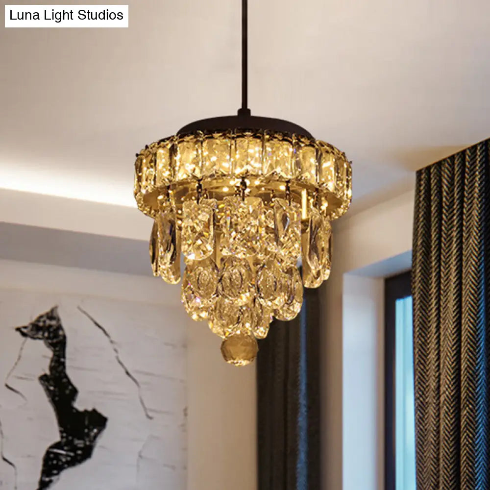Modern 1-Light Pendant With Clear Crystal Suspension - Mini 5-Tier Tapered Design