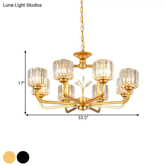 Modern 6/8-Bulb Chandelier In Black/Gold With Crystal Prisms Shade For Living Room Suspension