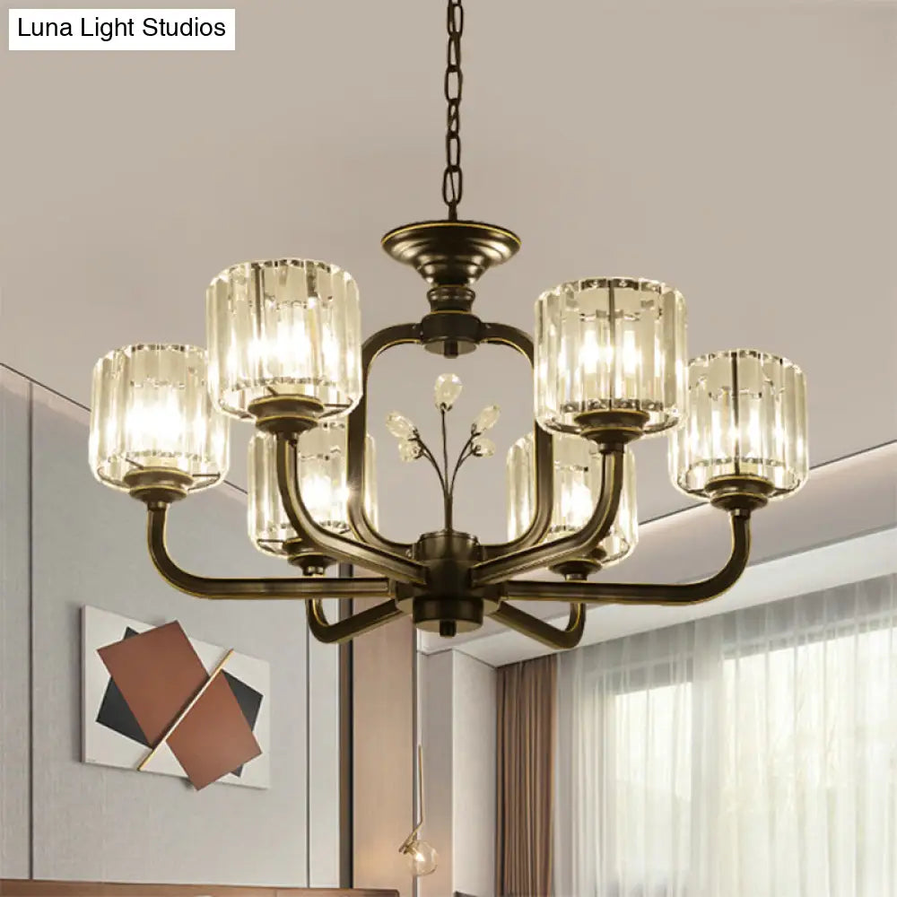 Modern 6/8-Bulb Chandelier In Black/Gold With Crystal Prisms Shade For Living Room Suspension