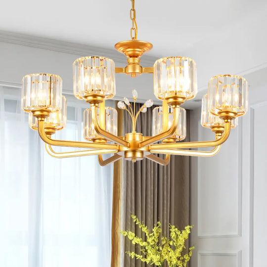 Modern 6/8-Bulb Chandelier In Black/Gold With Crystal Prisms Shade For Living Room Suspension