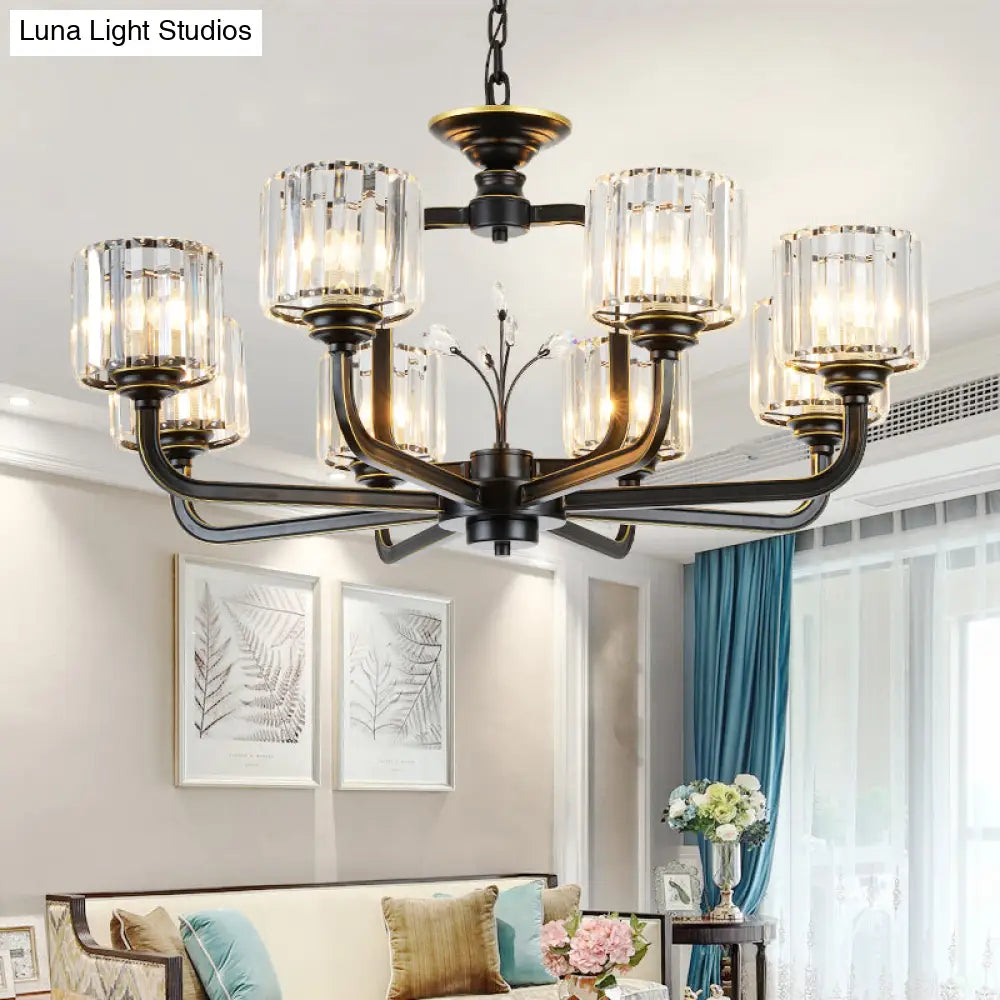 Modern 6/8-Bulb Chandelier In Black/Gold With Crystal Prisms Shade For Living Room Suspension