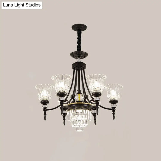 Modernism Chandelier Light: Black Flower Suspension Lamp With Beveled Crystal Shade 6/8 Bulbs