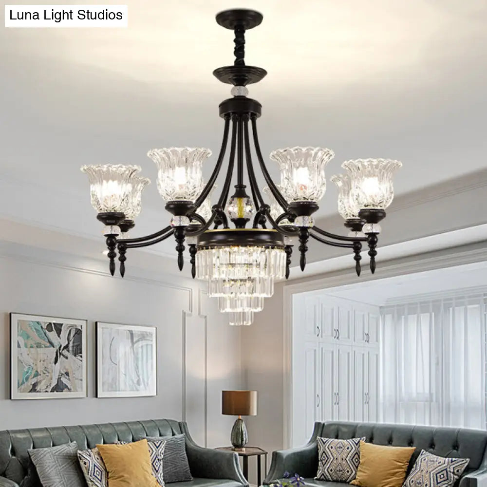 Modernism Chandelier Light: Black Flower Suspension Lamp With Beveled Crystal Shade 6/8 Bulbs