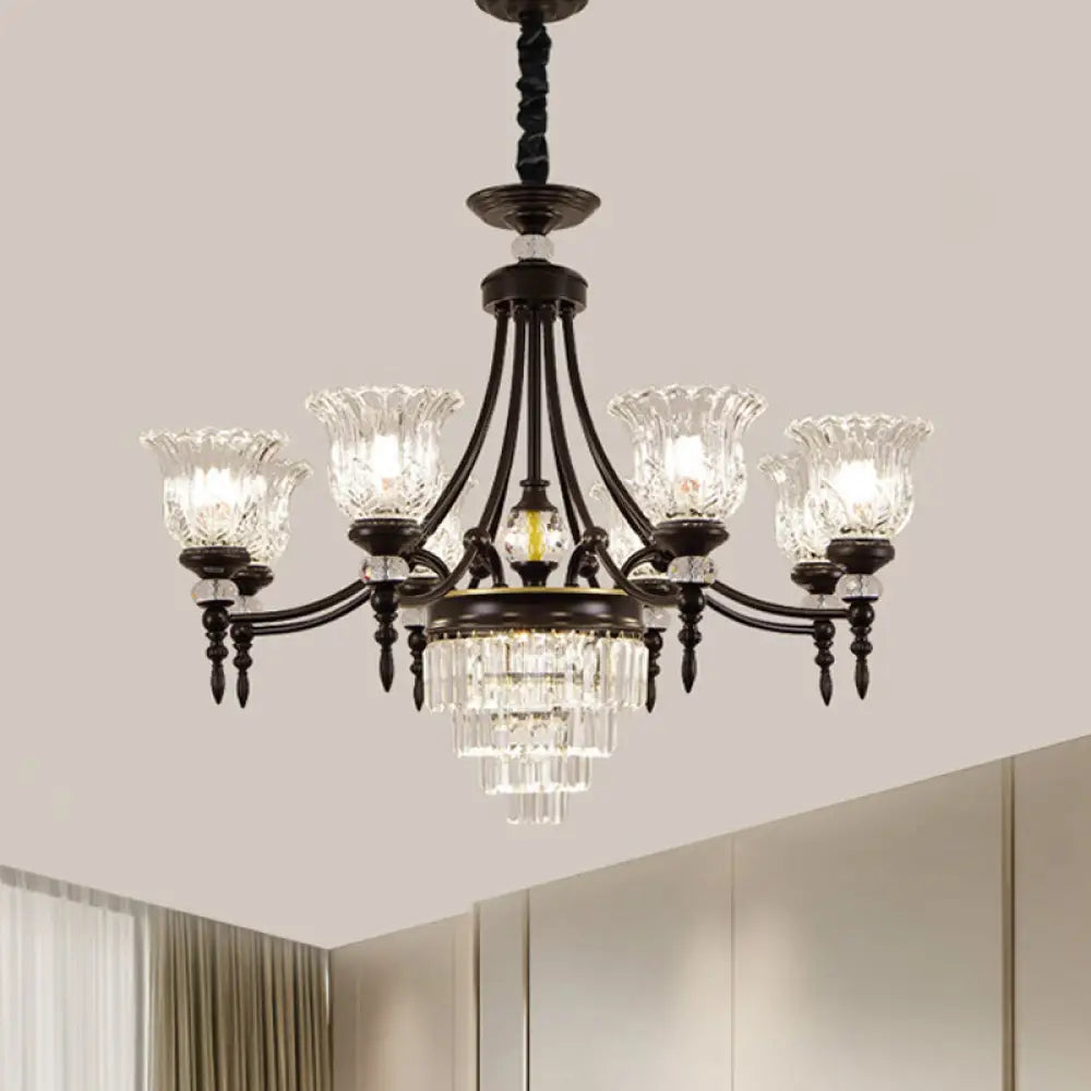 Modern 6/8 Bulbs Chandelier Black Flower Suspension Lamp With Crystal Shade 8 /