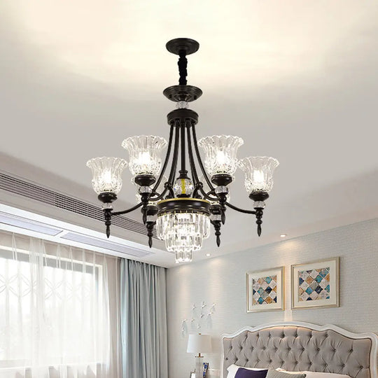 Modern 6/8 Bulbs Chandelier Black Flower Suspension Lamp With Crystal Shade 6 /