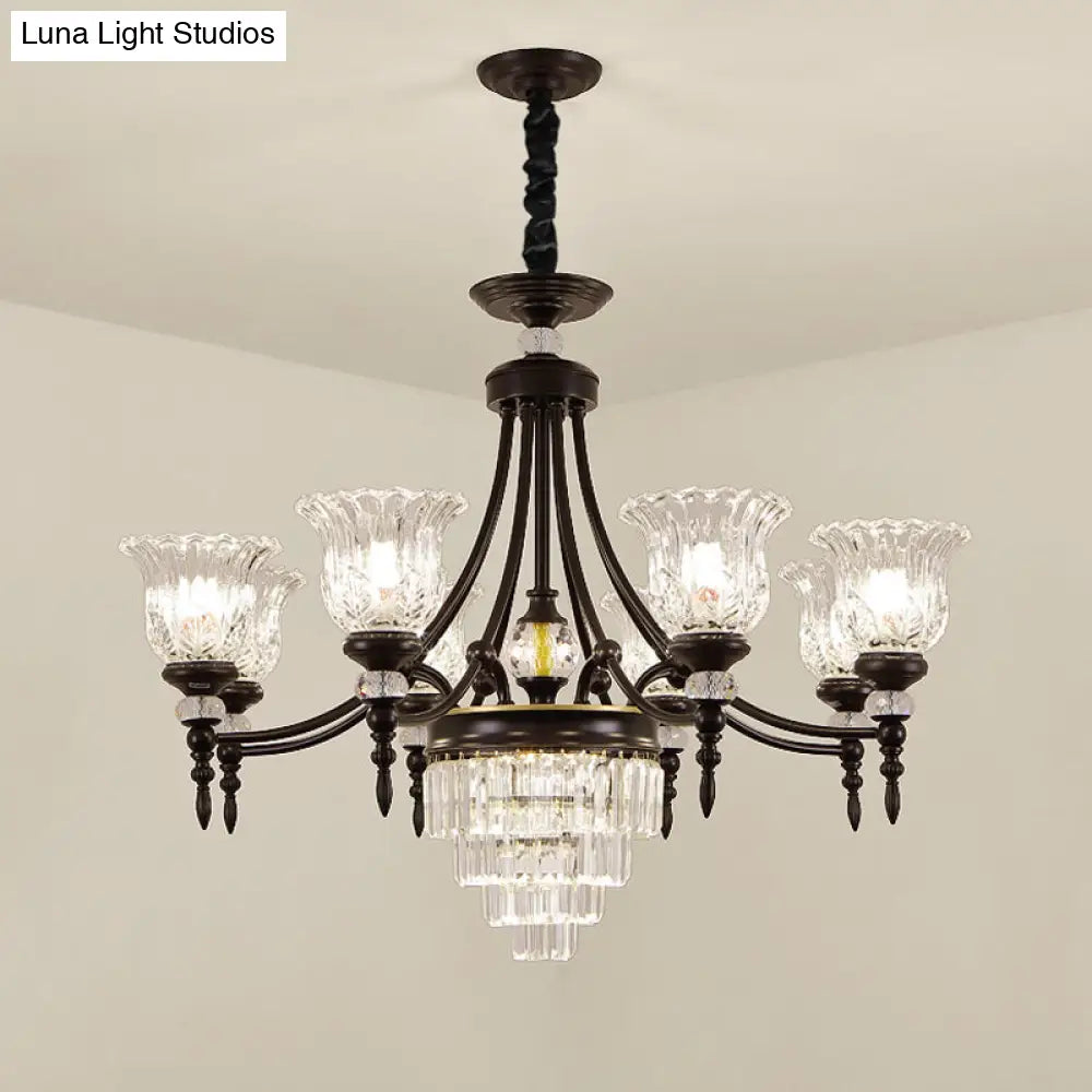 Modern 6/8 Bulbs Chandelier Black Flower Suspension Lamp With Crystal Shade