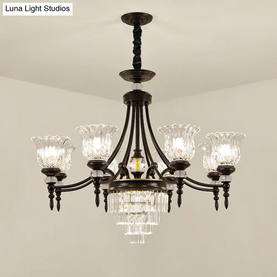 Modern 6/8 Bulbs Chandelier Black Flower Suspension Lamp With Crystal Shade