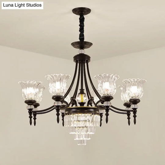 Modernism Chandelier Light: Black Flower Suspension Lamp With Beveled Crystal Shade 6/8 Bulbs