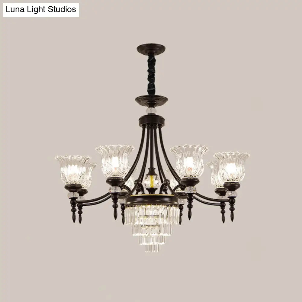 Modern 6/8 Bulbs Chandelier Black Flower Suspension Lamp With Crystal Shade