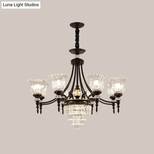 Modern 6/8 Bulbs Chandelier Black Flower Suspension Lamp With Crystal Shade