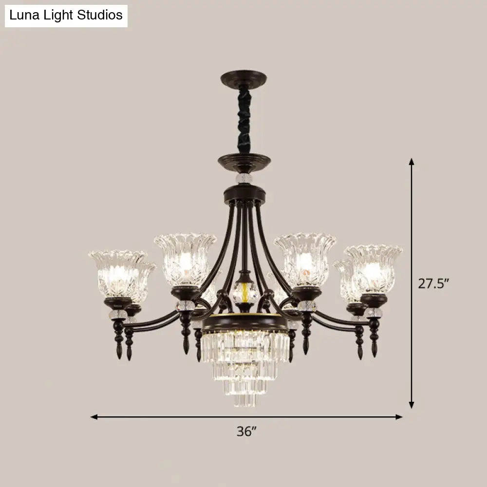 Modernism Chandelier Light: Black Flower Suspension Lamp With Beveled Crystal Shade 6/8 Bulbs