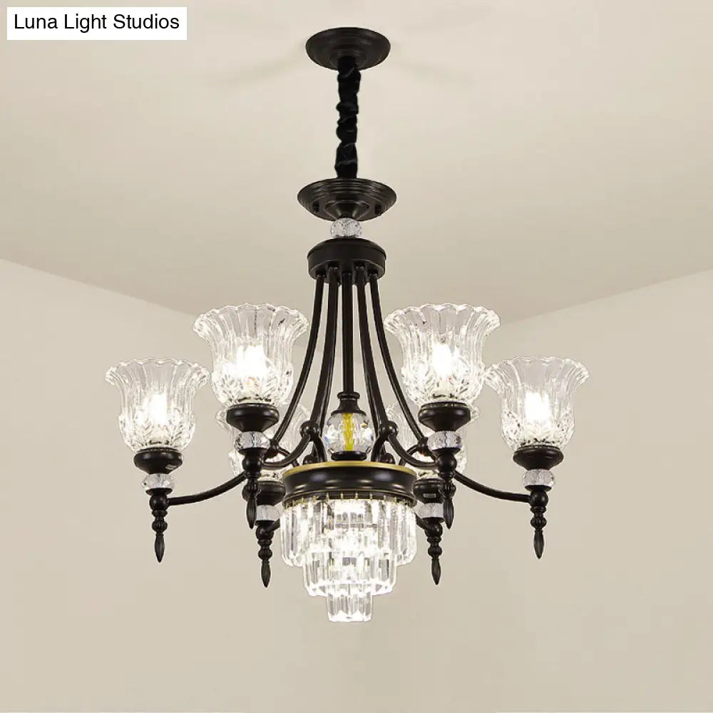 Modern 6/8 Bulbs Chandelier Black Flower Suspension Lamp With Crystal Shade