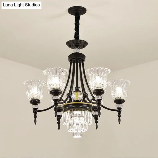 Modern 6/8 Bulbs Chandelier Black Flower Suspension Lamp With Crystal Shade