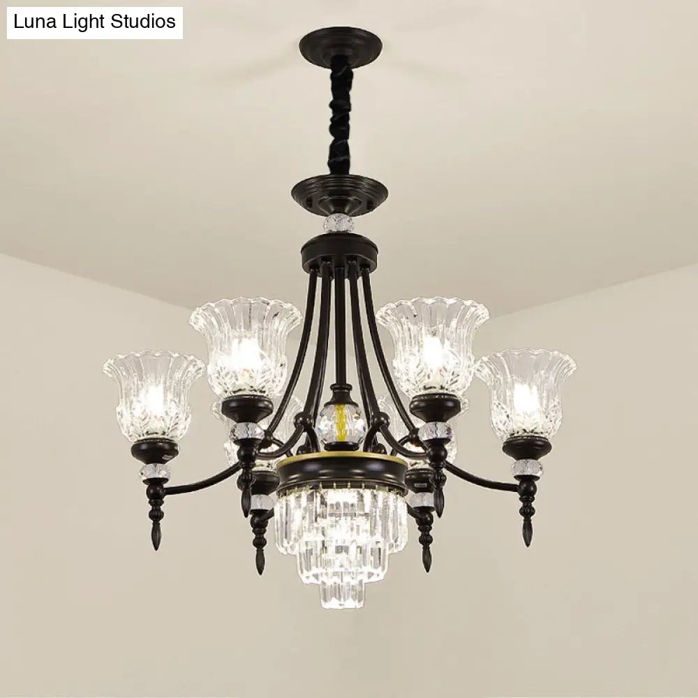 Modernism Chandelier Light: Black Flower Suspension Lamp With Beveled Crystal Shade 6/8 Bulbs