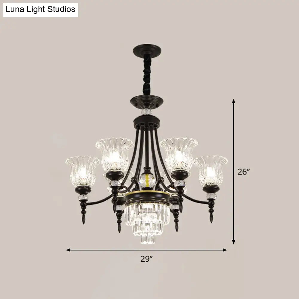 Modernism Chandelier Light: Black Flower Suspension Lamp With Beveled Crystal Shade 6/8 Bulbs