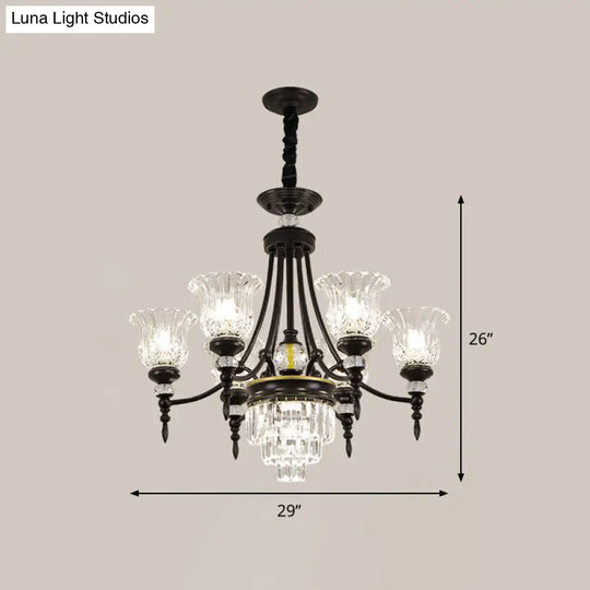 Modernism Chandelier Light: Black Flower Suspension Lamp With Beveled Crystal Shade 6/8 Bulbs