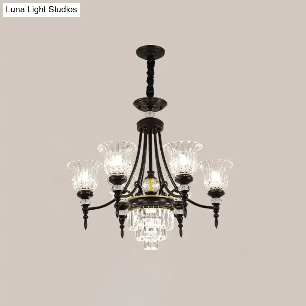 Modern 6/8 Bulbs Chandelier Black Flower Suspension Lamp With Crystal Shade