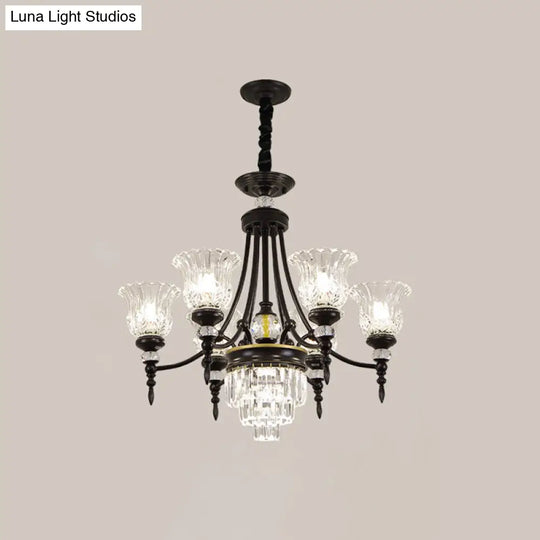 Modern 6/8 Bulbs Chandelier Black Flower Suspension Lamp With Crystal Shade