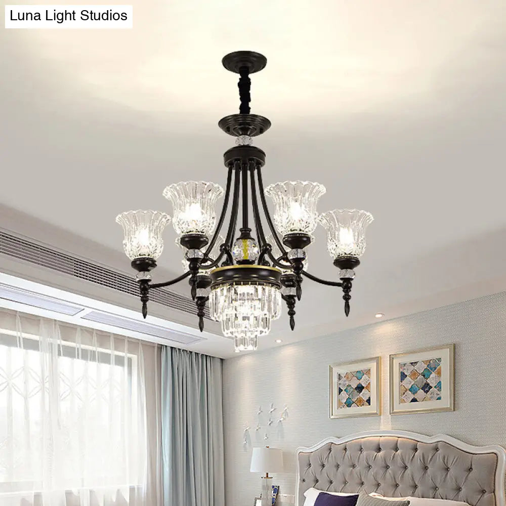 Modernism Chandelier Light: Black Flower Suspension Lamp With Beveled Crystal Shade 6/8 Bulbs 6 /