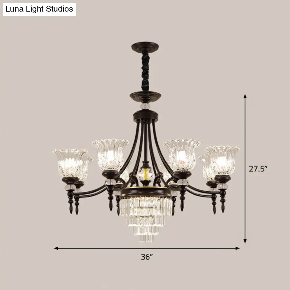 Modern 6/8 Bulbs Chandelier Black Flower Suspension Lamp With Crystal Shade