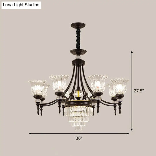 Modern 6/8 Bulbs Chandelier Black Flower Suspension Lamp With Crystal Shade