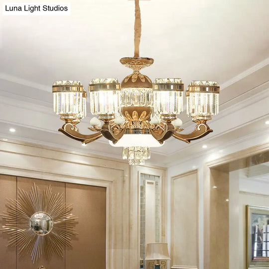 Modern Gold Chandelier Pendant Light With Crystal Block Shade - 6/8 Lights Living Room Ceiling Hang