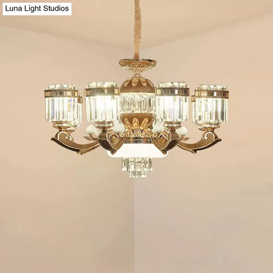 Modern Gold Chandelier Pendant Light With Crystal Block Shade - 6/8 Lights Living Room Ceiling Hang