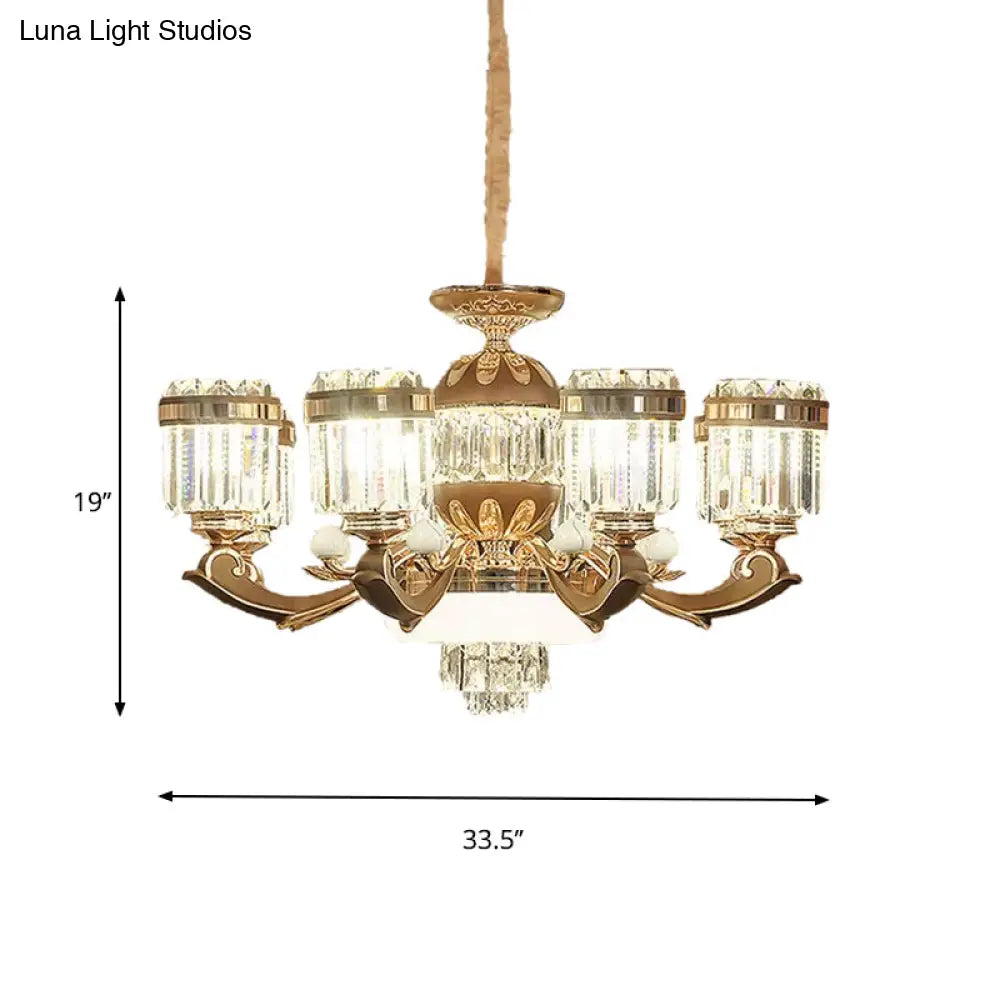 Modern 6/8-Light Gold Chandelier Pendant With Crystal Block Shade For Living Room Ceiling