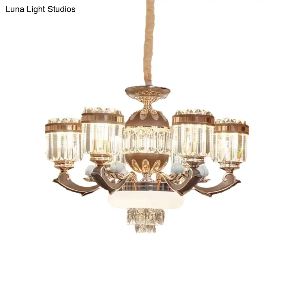 Modern 6/8-Light Gold Chandelier Pendant With Crystal Block Shade For Living Room Ceiling