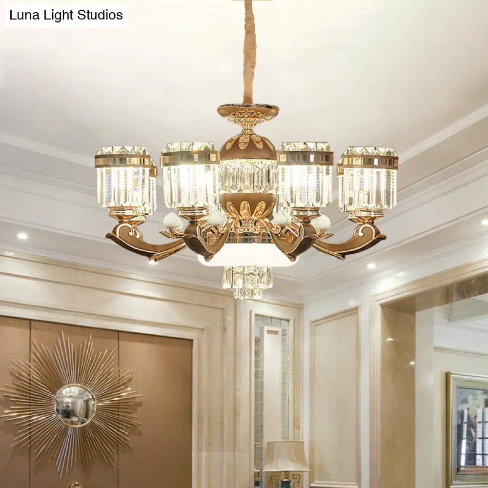 Modern 6/8-Light Gold Chandelier Pendant With Crystal Block Shade For Living Room Ceiling