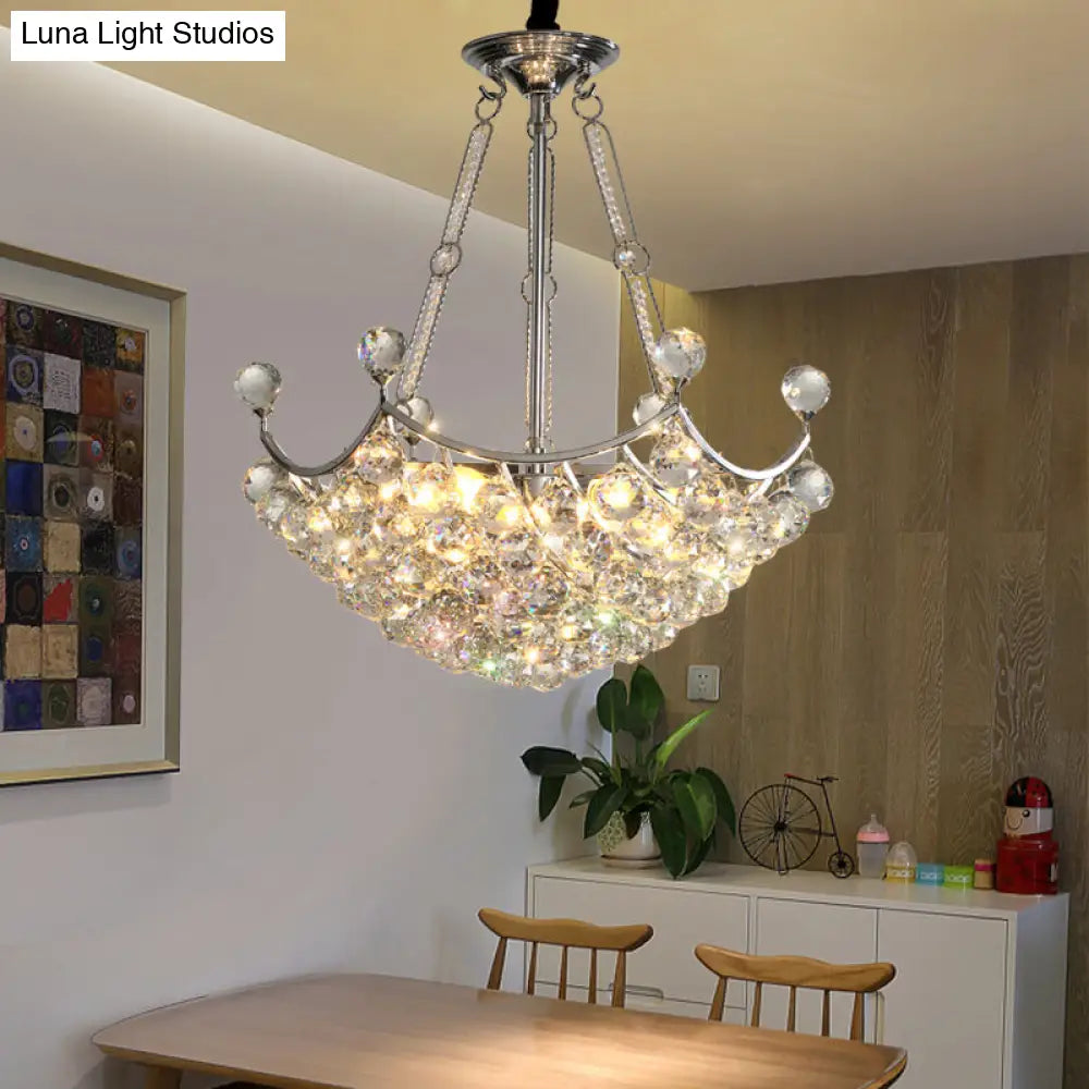 Modern Clear Crystal Bowl Chandelier - 6 Bulb Suspension Light For Dining Table Chrome Finish