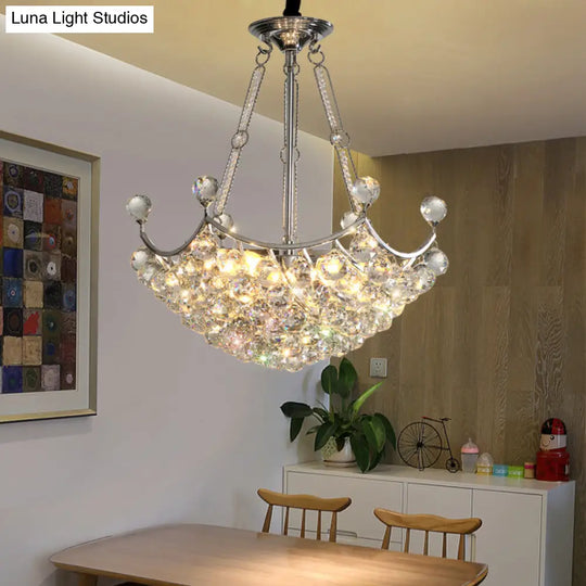 Modern Clear Crystal Bowl Chandelier - 6 Bulb Suspension Light For Dining Table Chrome Finish