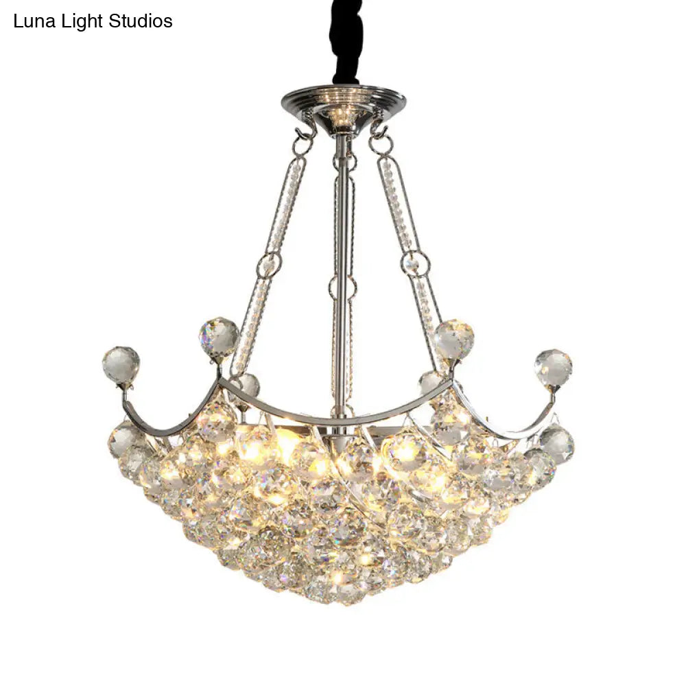 Modern Clear Crystal Bowl Chandelier - 6 Bulb Suspension Light For Dining Table Chrome Finish