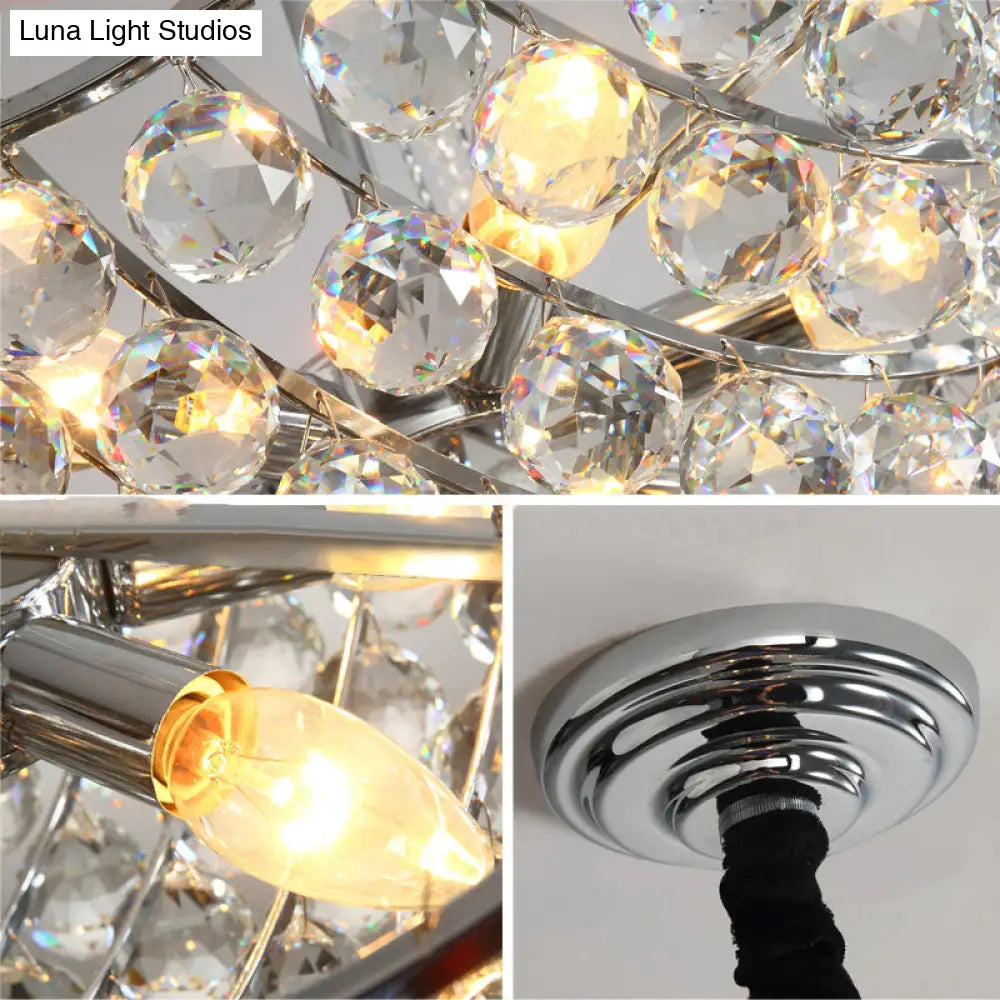 Modern Clear Crystal Bowl Chandelier - 6 Bulb Suspension Light For Dining Table Chrome Finish