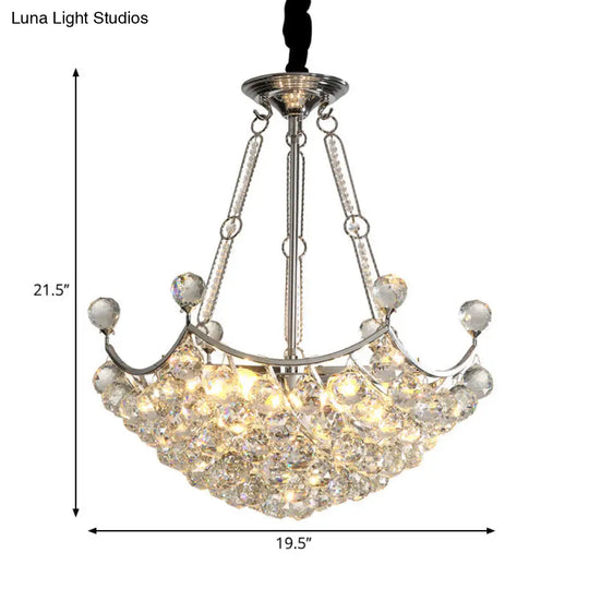 Modern Clear Crystal Bowl Chandelier - 6 Bulb Suspension Light For Dining Table Chrome Finish