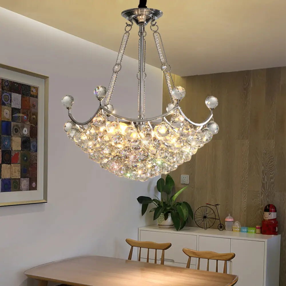 Modern 6-Bulb Chrome Suspension Chandelier For Dining Table - Clear Crystal Bowl Design