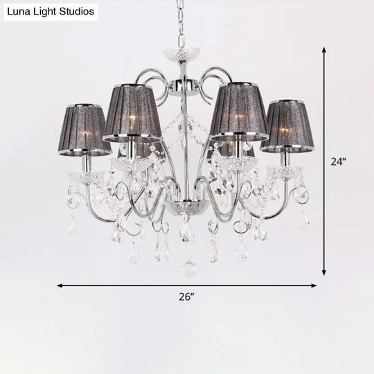 Modern 6-Bulb Crystal Chandelier With Grey Pleated Fabric Shade