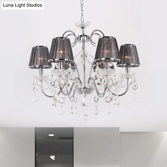 Modern 6-Bulb Crystal Chandelier With Grey Pleated Fabric Shade