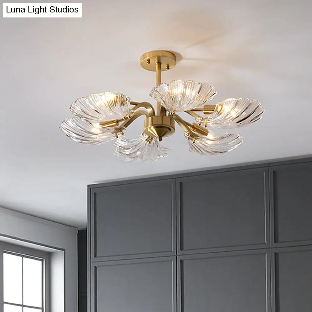 Modern 6-Bulb Shell Glass Ceiling Light In Brass For Bedroom