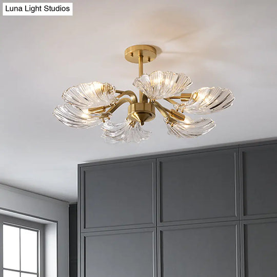 Modern 6-Bulb Shell Glass Ceiling Light In Brass For Bedroom