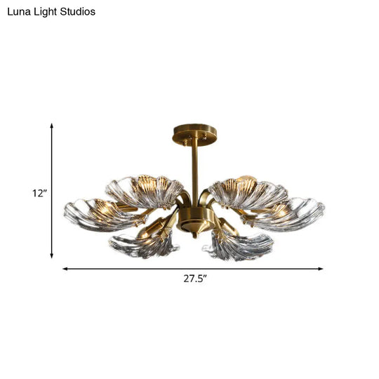 Modern 6-Bulb Shell Glass Ceiling Light In Brass For Bedroom