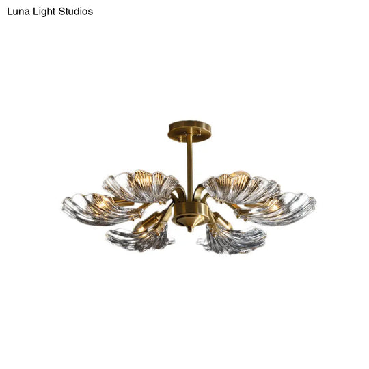 Modern 6-Bulb Shell Glass Ceiling Light In Brass For Bedroom