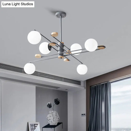 Modern 6-Head Ball Chandelier With Milky Glass And Black/Grey Finish For Living Room Lighting