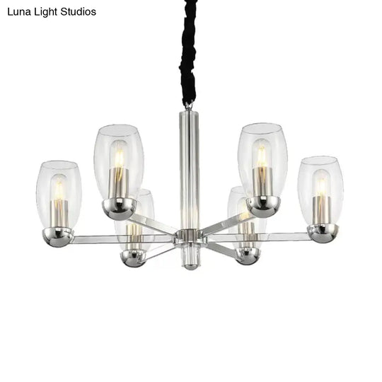 Modern 6-Head Clear Glass Candle Chandelier: Chrome Ceiling Pendant Fixture With Adjustable Chain