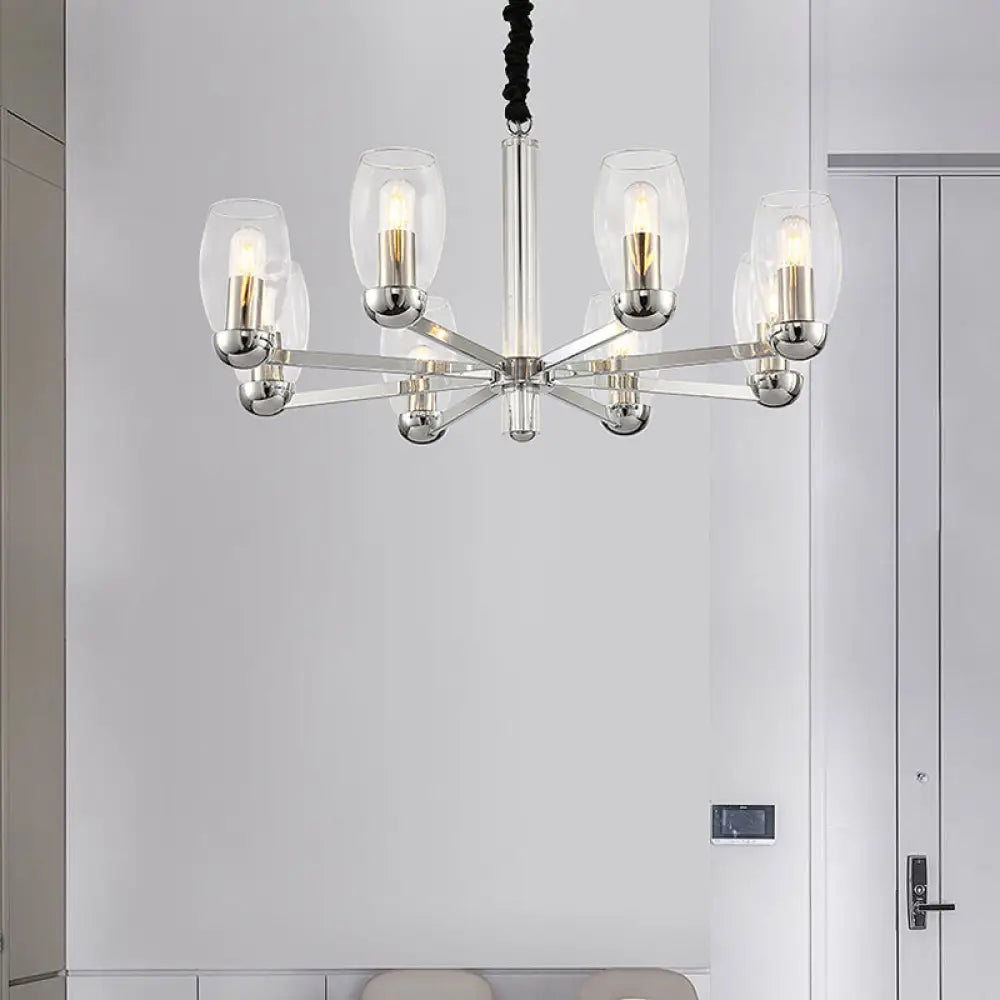 Modern 6-Head Clear Glass Candle Chandelier: Chrome Ceiling Pendant Fixture With Adjustable Chain