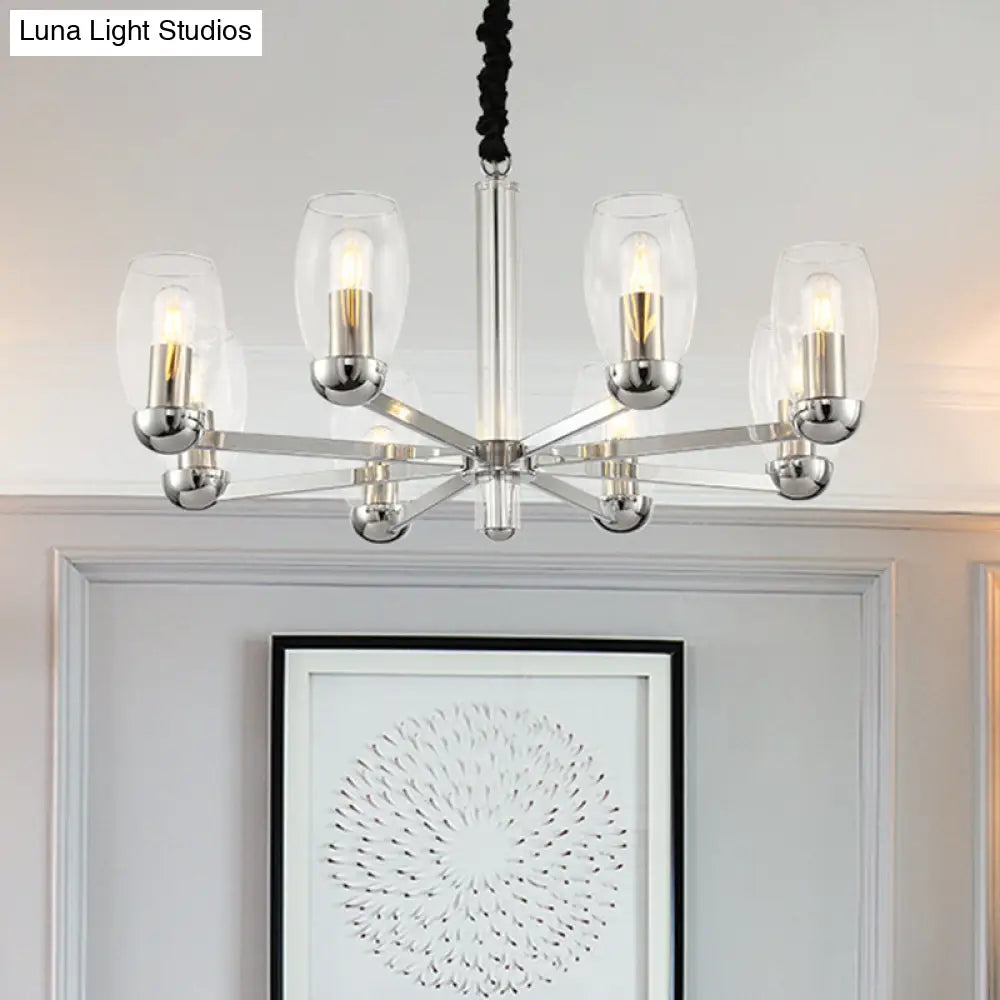 Modern 6-Head Clear Glass Candle Chandelier: Chrome Ceiling Pendant Fixture With Adjustable Chain