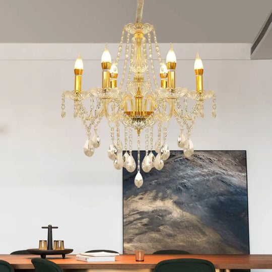 Modern 6-Head Crystal Swag Ceiling Chandelier Kit With Gold Finish